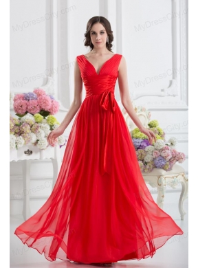 Empire V-neck Ruching Sashes Chiffon Prom Dress with Wine Red