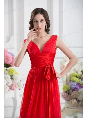 Empire V-neck Ruching Sashes Chiffon Prom Dress with Wine Red