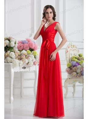 Empire V-neck Ruching Sashes Chiffon Prom Dress with Wine Red