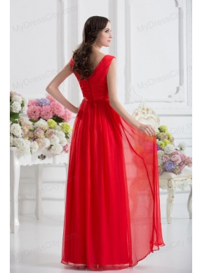 Empire V-neck Ruching Sashes Chiffon Prom Dress with Wine Red