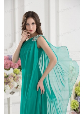 Green Empire One Shoulder Beading Watteau Train Ruching Prom Dress