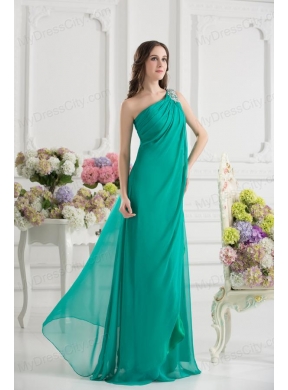 Green Empire One Shoulder Beading Watteau Train Ruching Prom Dress