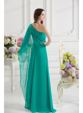 Green Empire One Shoulder Beading Watteau Train Ruching Prom Dress