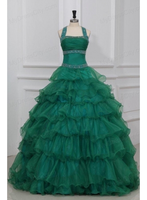 Green Halter Top Beading and Ruffles Layered Quinceanera Dress