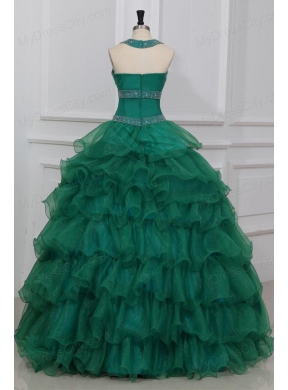 Green Halter Top Beading and Ruffles Layered Quinceanera Dress