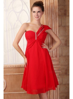 Low Price Empire One Shoulder Red Prom Dress with Beading