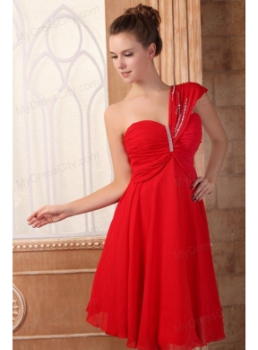 Low Price Empire One Shoulder Red Prom Dress with Beading