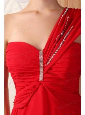 Low Price Empire One Shoulder Red Prom Dress with Beading