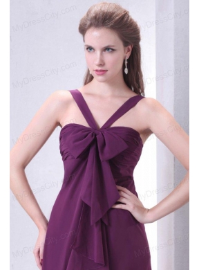 Purple Empire V-neck Straps Prom Dress with Bowknot