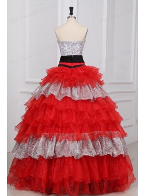 Red and White Strapless Beaded Decorate Organza Quinceanera Dress