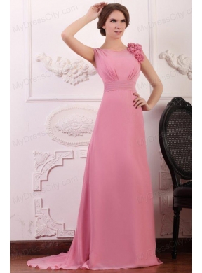 Rose Pink Empire V-neck Court Train Prom Dress with Flowers