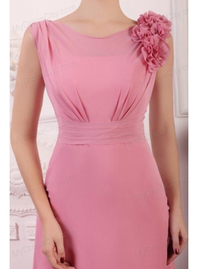 Rose Pink Empire V-neck Court Train Prom Dress with Flowers