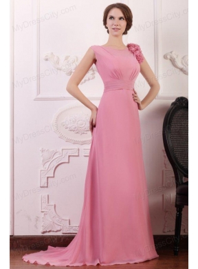 Rose Pink Empire V-neck Court Train Prom Dress with Flowers