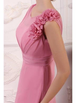 Rose Pink Empire V-neck Court Train Prom Dress with Flowers