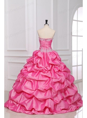 Rose Pink Strapless Appliques and Pick-ups Quinceanera Dress with Taffeta