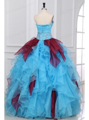 Strapless Beading and Ruche Quinceanera Dress in Aqua and Wine Red