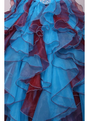 Strapless Beading and Ruche Quinceanera Dress in Aqua and Wine Red