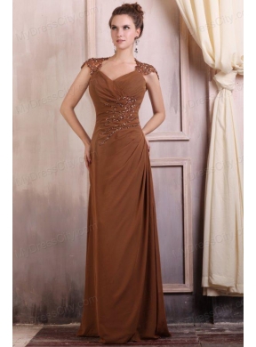 V-neck Column Chiffon Appliques with Beading Prom Dress in Brown