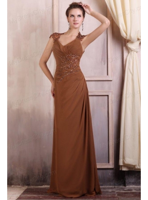 V-neck Column Chiffon Appliques with Beading Prom Dress in Brown