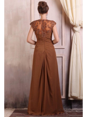 V-neck Column Chiffon Appliques with Beading Prom Dress in Brown