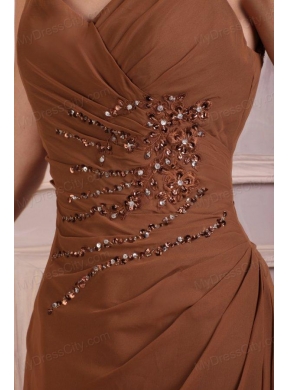 V-neck Column Chiffon Appliques with Beading Prom Dress in Brown