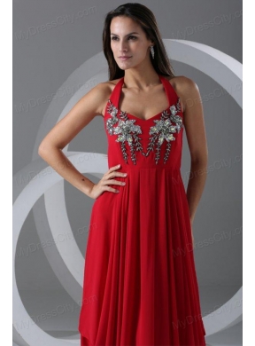 Wine Red Empire Halter Top Prom Dress with Beading