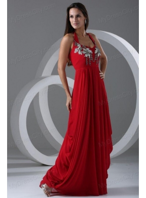 Wine Red Empire Halter Top Prom Dress with Beading