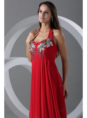 Wine Red Empire Halter Top Prom Dress with Beading