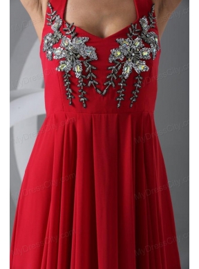 Wine Red Empire Halter Top Prom Dress with Beading