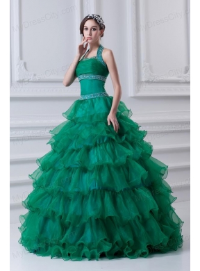 2014 Spring A-line Hater Top Beading and Appliques Green Quinceanera Dress