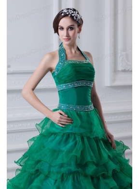 2014 Spring A-line Hater Top Beading and Appliques Green Quinceanera Dress