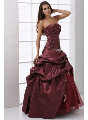 A-line Burgundy Strapless Beading and Appliques Quinceanera Dress