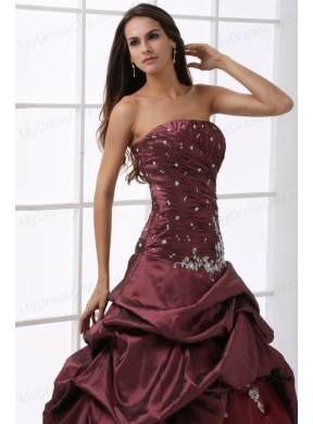 A-line Burgundy Strapless Beading and Appliques Quinceanera Dress