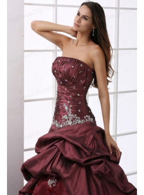 A-line Burgundy Strapless Beading and Appliques Quinceanera Dress