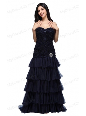 A-line Navy Blue Sweetheart Ruffled Layers Beading Appliques Prom Dress