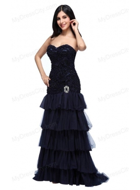 A-line Navy Blue Sweetheart Ruffled Layers Beading Appliques Prom Dress