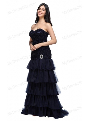 A-line Navy Blue Sweetheart Ruffled Layers Beading Appliques Prom Dress