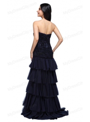 A-line Navy Blue Sweetheart Ruffled Layers Beading Appliques Prom Dress