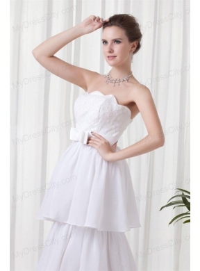 A-line Strapless Ruffled Layers Belt Brush Train Wedding Dress