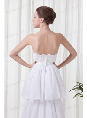 A-line Strapless Ruffled Layers Belt Brush Train Wedding Dress