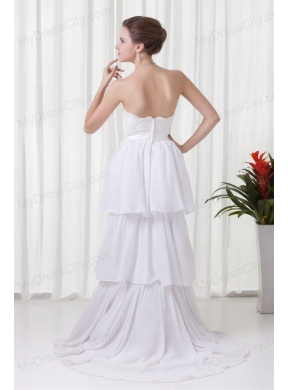 A-line Strapless Ruffled Layers Belt Brush Train Wedding Dress