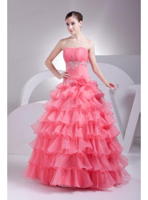 Appliques and Ruffles Layered Strapless Watermelon Quinceanera Dress