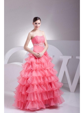 Appliques and Ruffles Layered Strapless Watermelon Quinceanera Dress