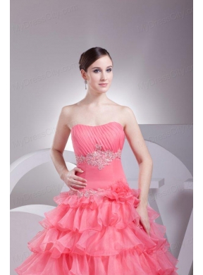 Appliques and Ruffles Layered Strapless Watermelon Quinceanera Dress