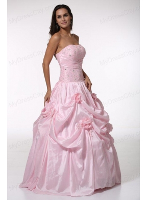 Beading and Hand Made Flowers Strapless Baby Pink Quinceanera Dress