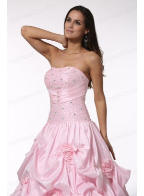 Beading and Hand Made Flowers Strapless Baby Pink Quinceanera Dress