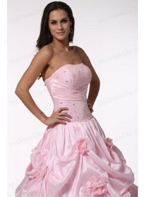 Beading and Hand Made Flowers Strapless Baby Pink Quinceanera Dress