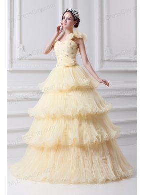 Beautiful A-line One Shoulder Beading and Ruffled Layers Quinceanera Dress in Light Yellow