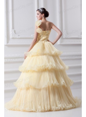 Beautiful A-line One Shoulder Beading and Ruffled Layers Quinceanera Dress in Light Yellow