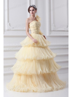 Beautiful A-line One Shoulder Beading and Ruffled Layers Quinceanera Dress in Light Yellow